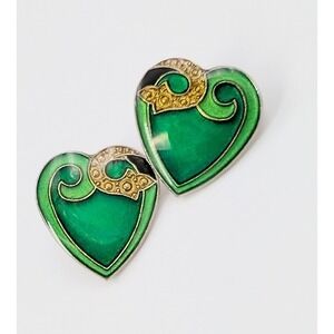 Vintage Art Deco Revival Heart Earrings Green Enamel Gold Tone Romantic